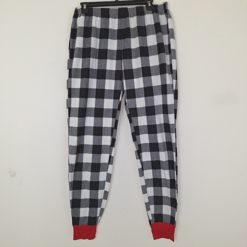 Buffalo Plaid Fleece Pajama Pants Black White Red Cuffs Size M Lumberjack